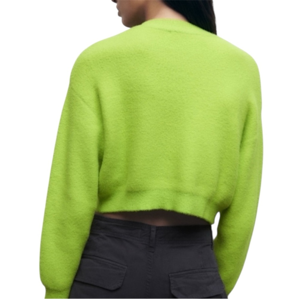 Zara Neon Green Edgy Cropped Fuzzy Crew Neck Sweater - Picture 2 of 5